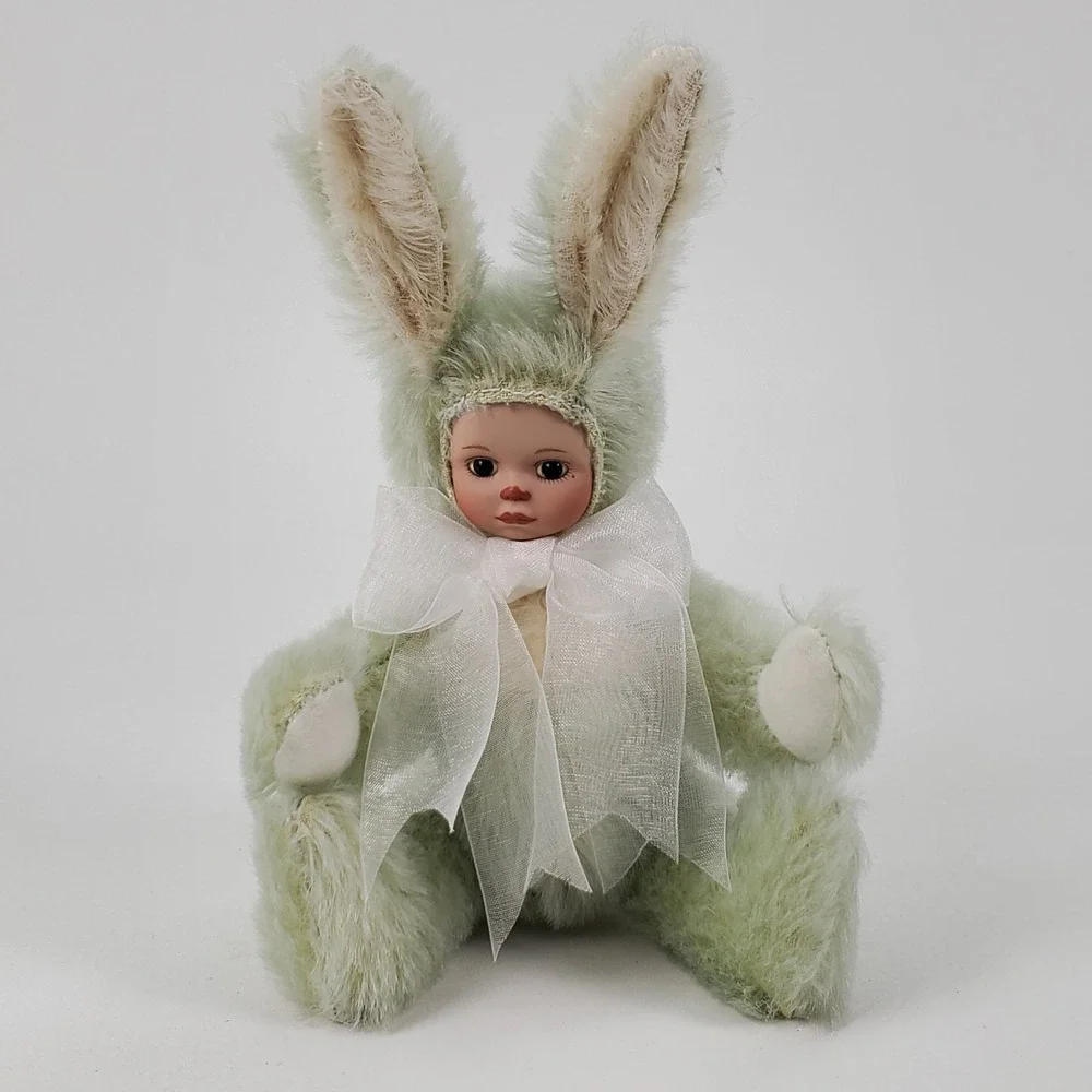 Marie Osmond Porcelain Bunny Doll Mint Green Mohair‎ Knickerbocker 7 inch Seated